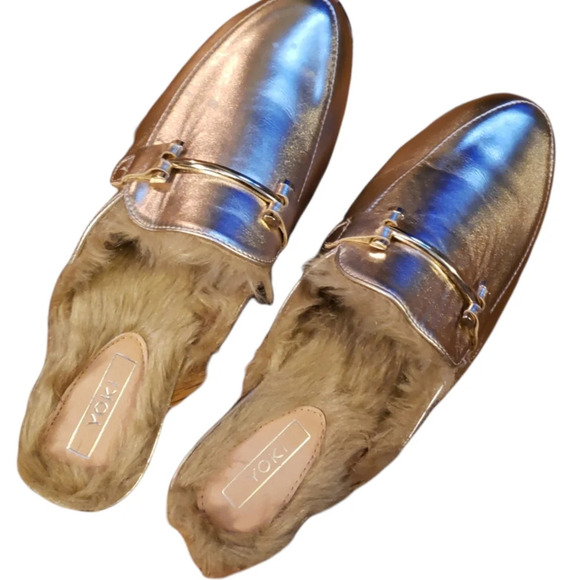 Yoki Villa Gold faux Fur Lined Open Back Loafer,  Size 10 - Picture 1 of 6